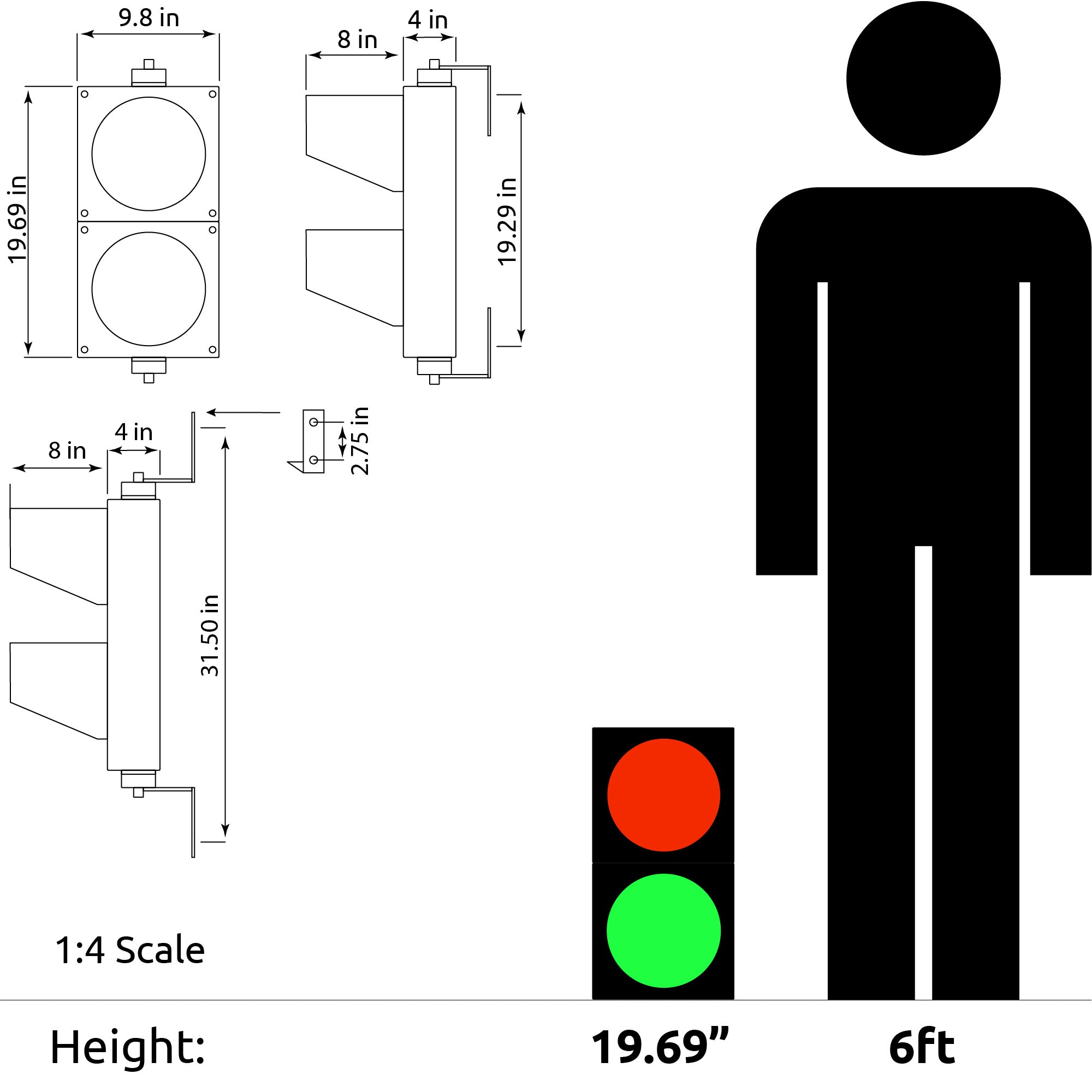 Black on white dimension diagram and green, red and black human scale reference graphic.