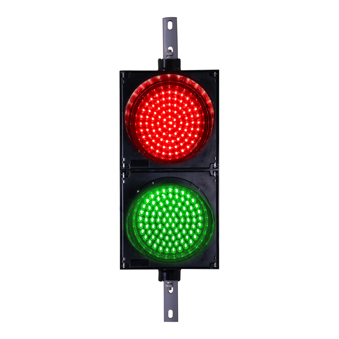 8 inch traffic light illuminated in red and green on a white background.