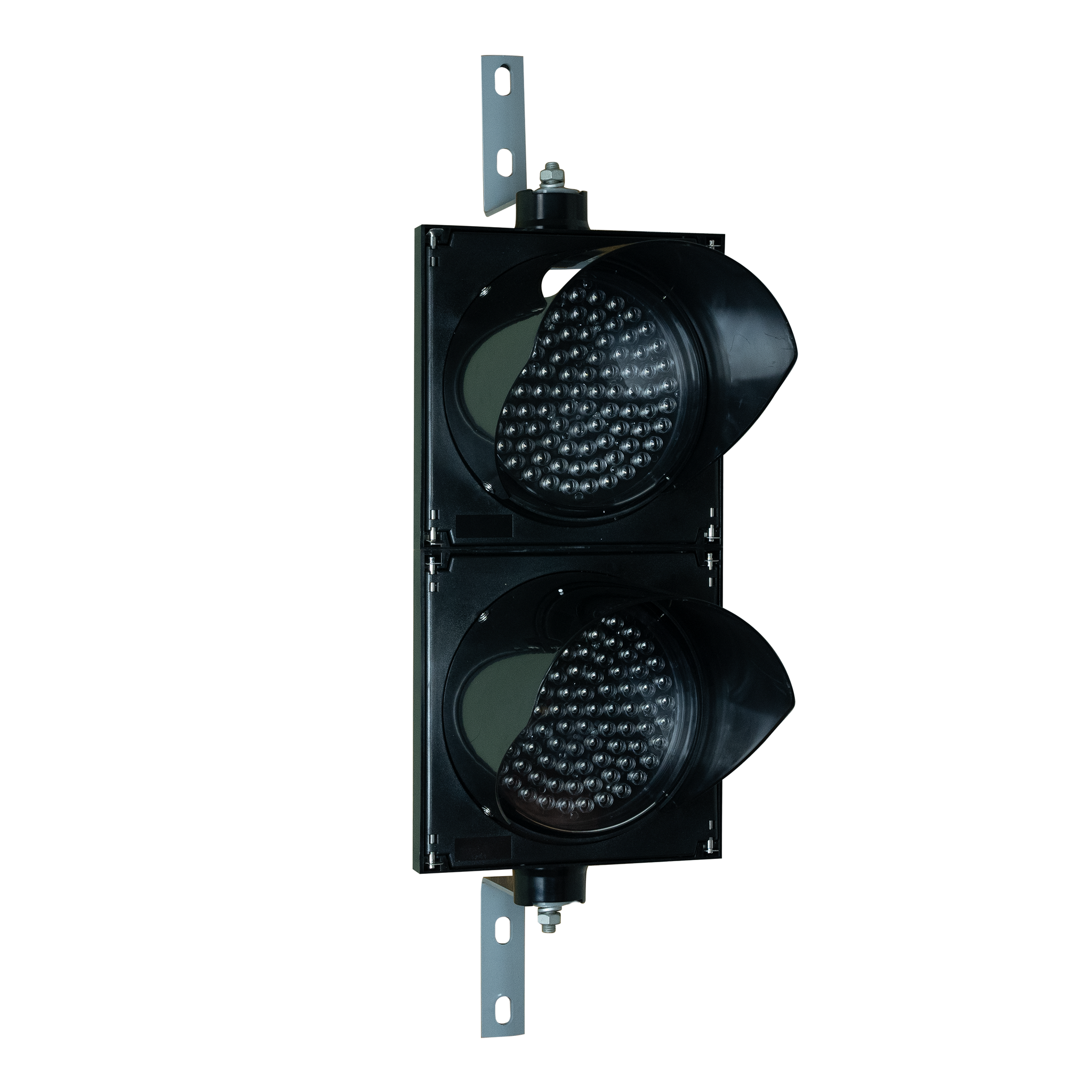 Dual 8 inch traffic light powered off on a white background.