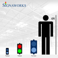 Diagram showing dimensions of a traffic light and a person, with a scale indicating height equivalence.