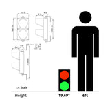 Diagram showing dimensions of a traffic light and a person, with a 1:4 scale comparison.