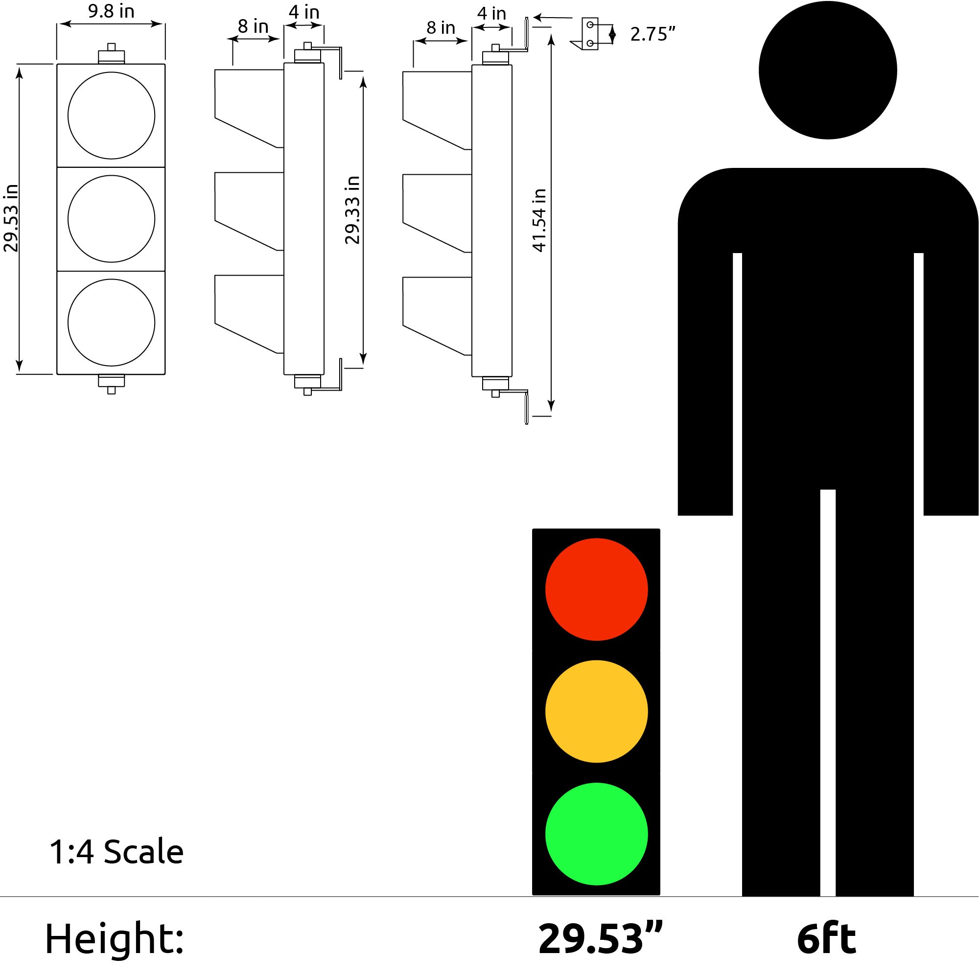 'Signaworks' 8 inch 3-color traffic light dimensions and relative height to 6 foot human.