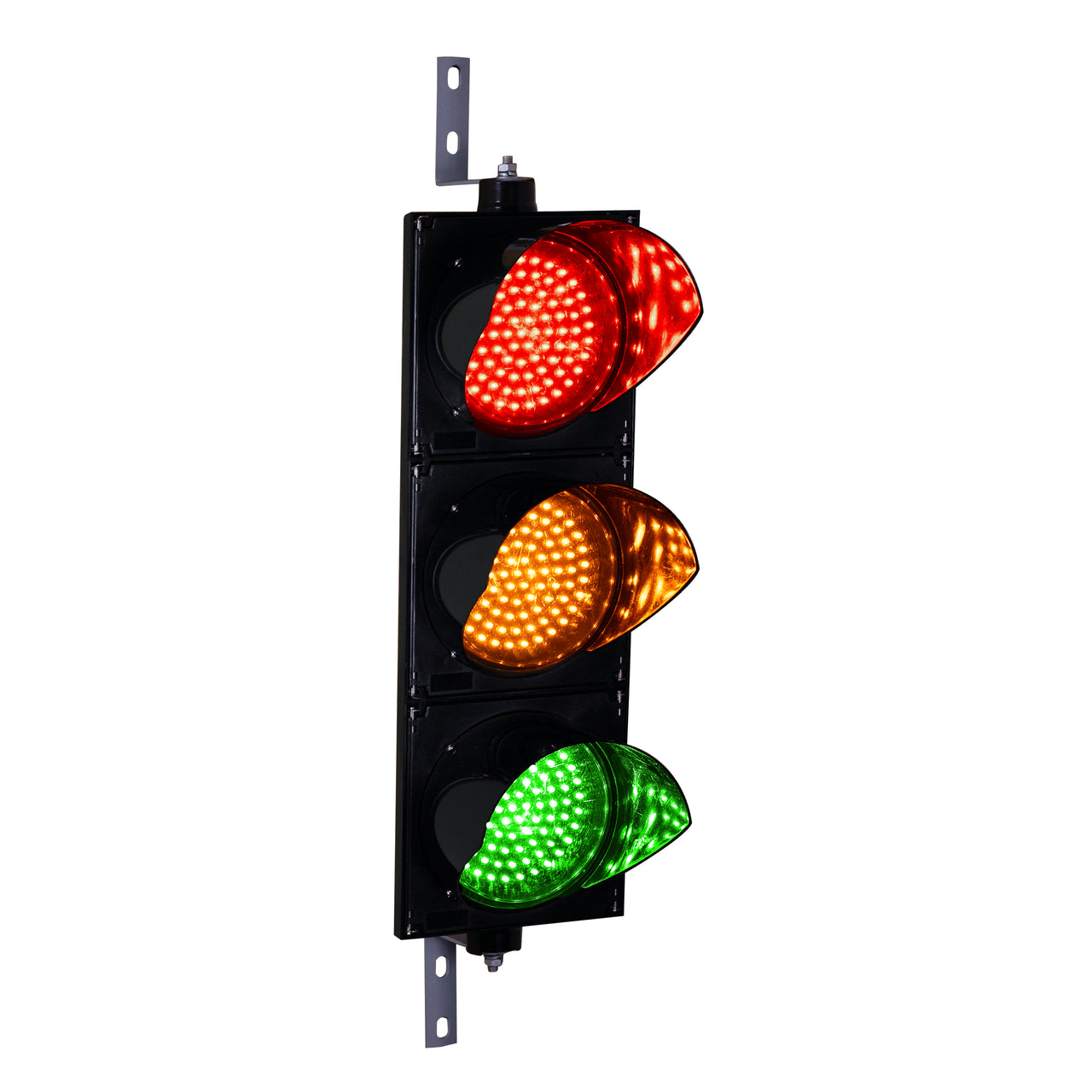 A vertical LED traffic light with three lenses, featuring red, amber, and green lights, mounted on a black housing with a mounting bracket on top and bottom.