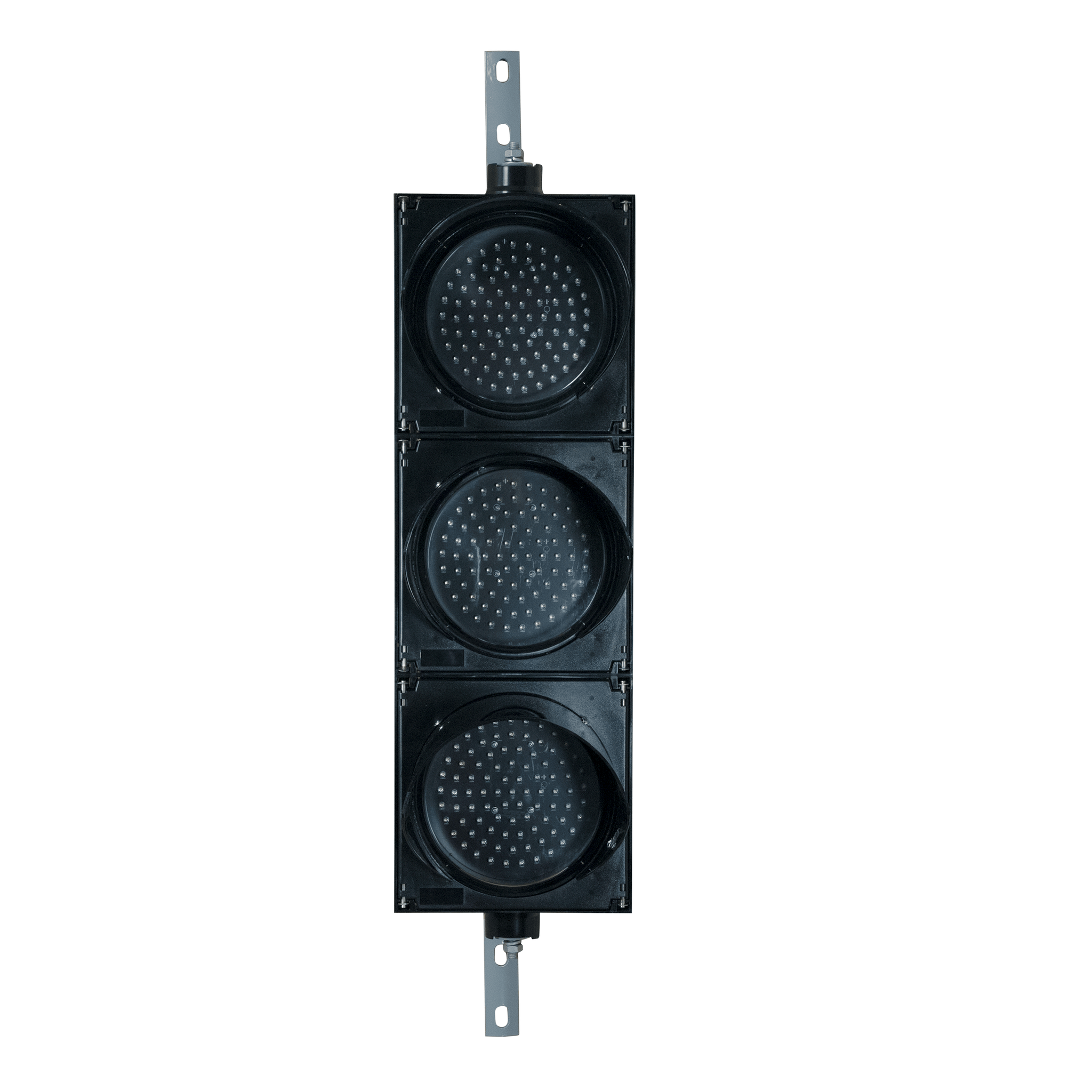 A vertical LED traffic light mounted on a black housing with a mounting bracket on top and bottom.