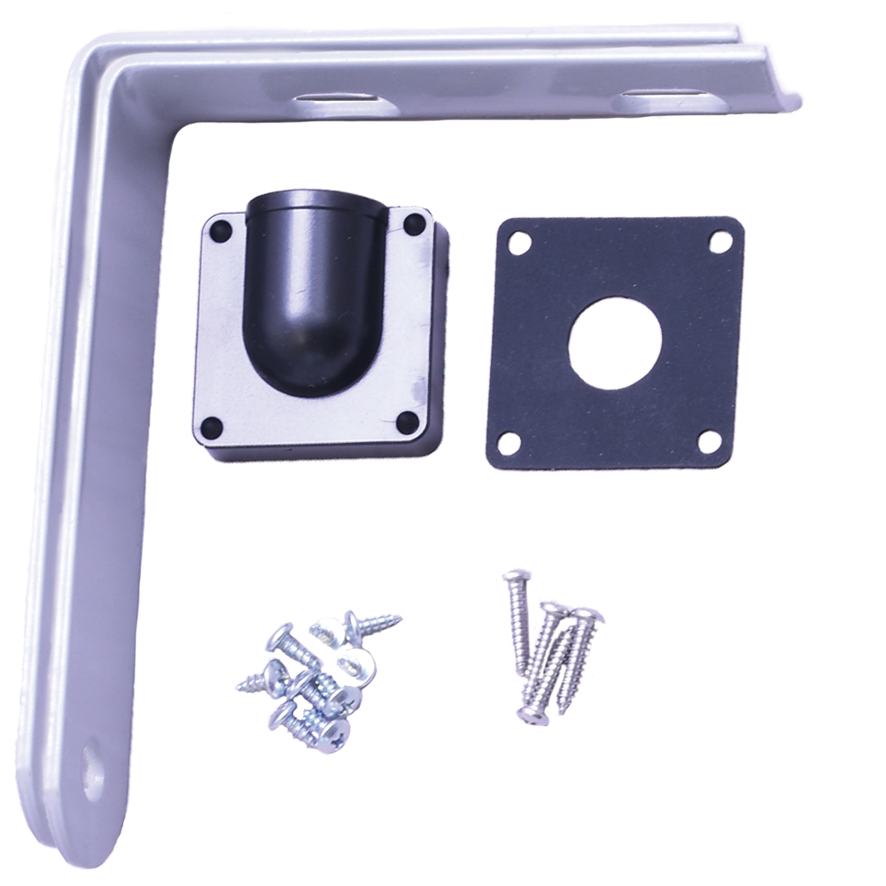 Metal brackets, wall mount and screws on a white background.