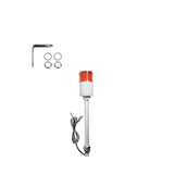 Red industrial signal light with mounting hardware on a white background.