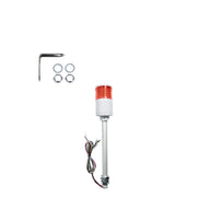 Red industrial signal light with mounting hardware on a white background.