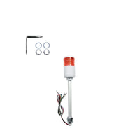 Red industrial signal light with mounting hardware on a white background.