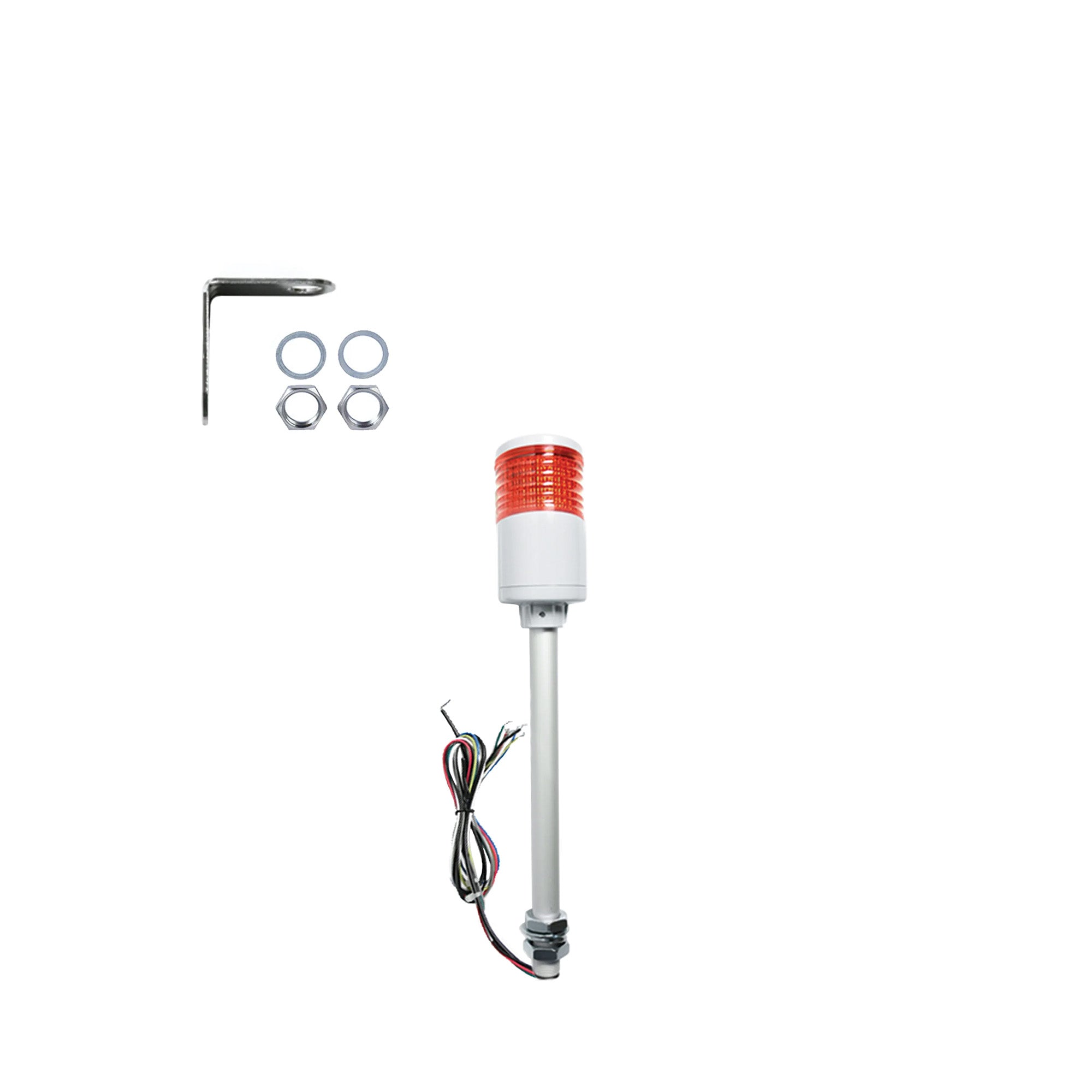 Red industrial signal light with mounting hardware on a white background.