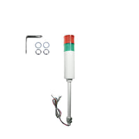 Two-color industrial signal light with mounting hardware; Red-Green on a white background.