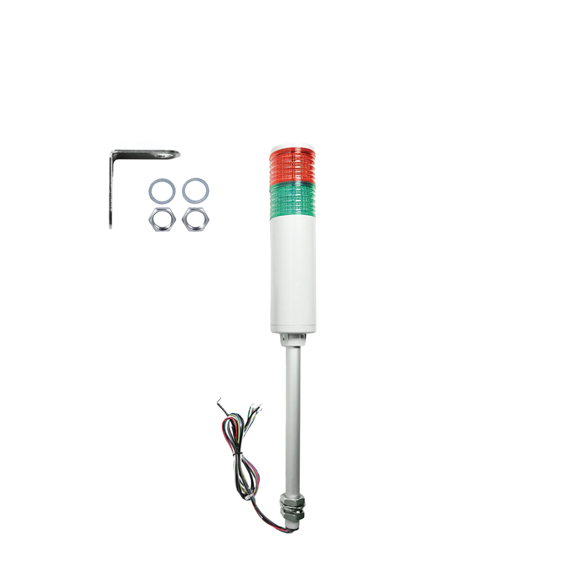 Two-color industrial signal light with mounting hardware; Red-Green on a white background.