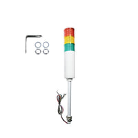 Three-color industrial signal light with mounting hardware; Red-Amber-Green on a white background.