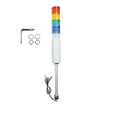 Five-color industrial signal light with mounting hardware; Red-Amber-Green-Blue-White on a white background.