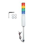 Five-color industrial signal light with mounting hardware; Red-Amber-Green-Blue-White on a white background.