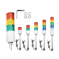 A set of ready to wire multicolor industrial signal lights with mounting hardware on a white background.
