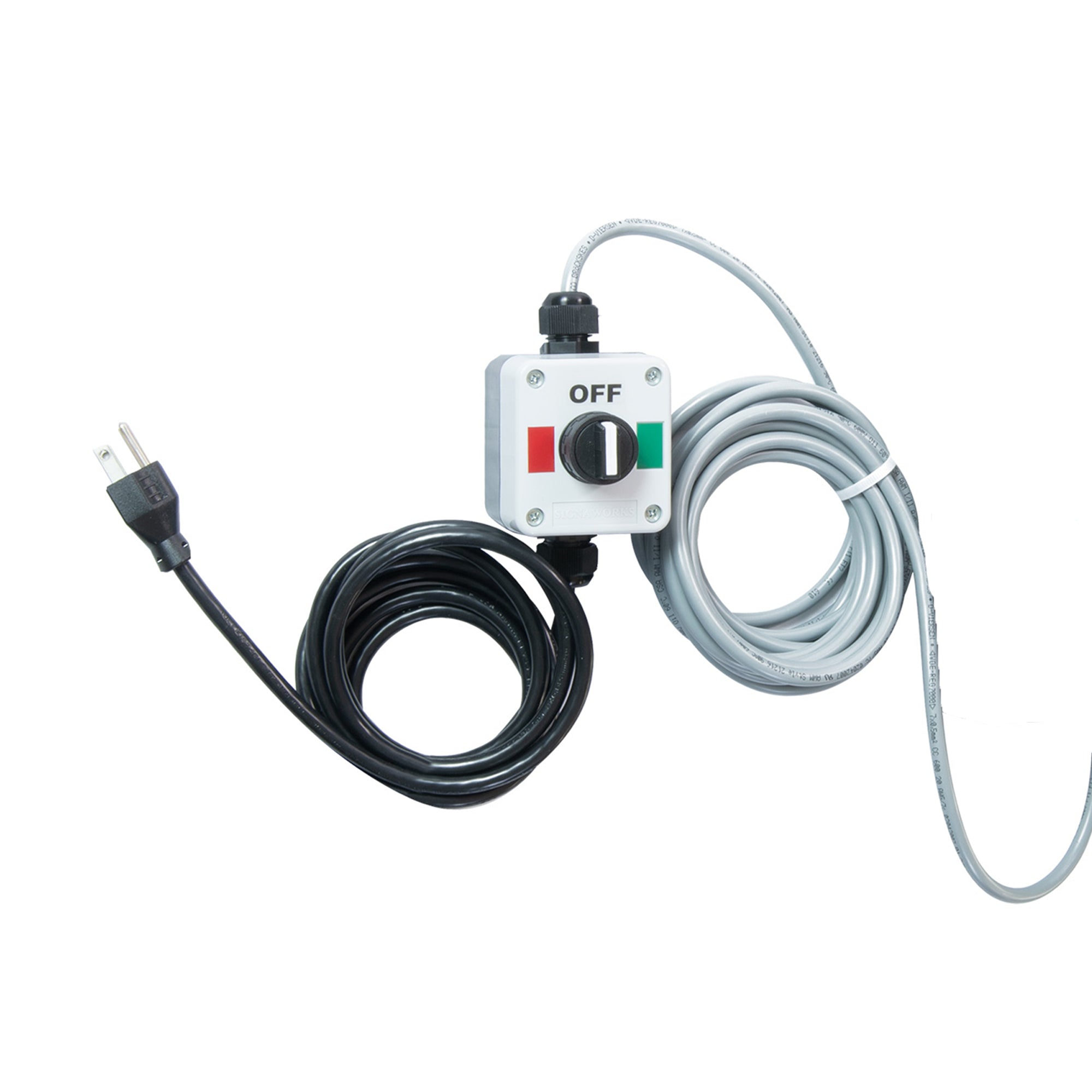 Red and green 3-position switch with power cord on a white background.