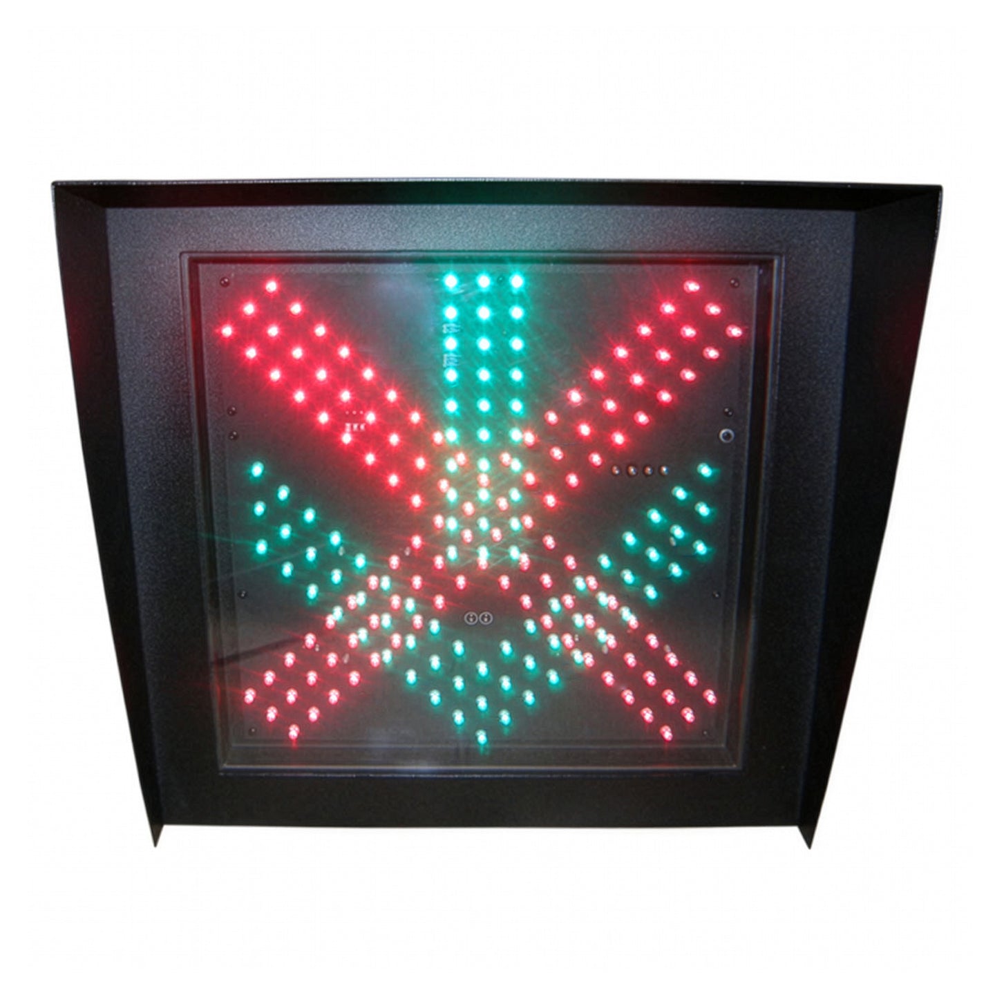 LED traffic sign with red and green X pattern on a white background