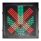 Black LED sign with red  'X' and green arrow symbol on a white background