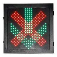 Black LED sign with red  'X' and green arrow symbol on a white background