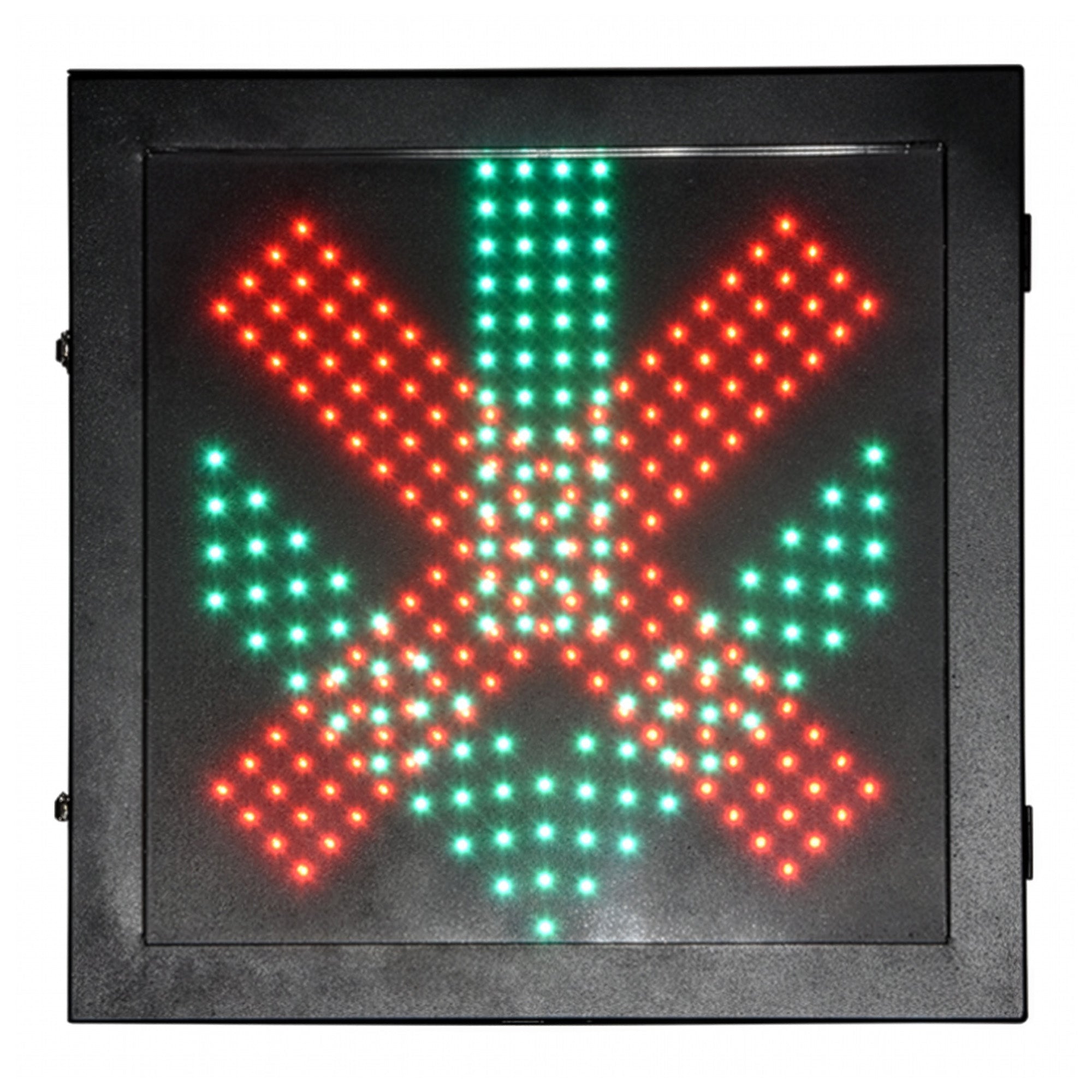 Black LED sign with red  'X' and green arrow symbol on a white background