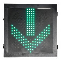 Black LED sign with green arrow symbol on a white background