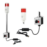 Red pole-mounted industrial signal light with close up views of prism lens and 3-position switch box on a white background.