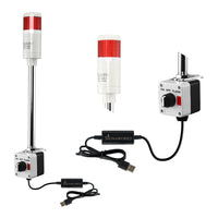 Red pole-mounted industrial signal light with close up views of prism lens and 3-position switch box on a white background.