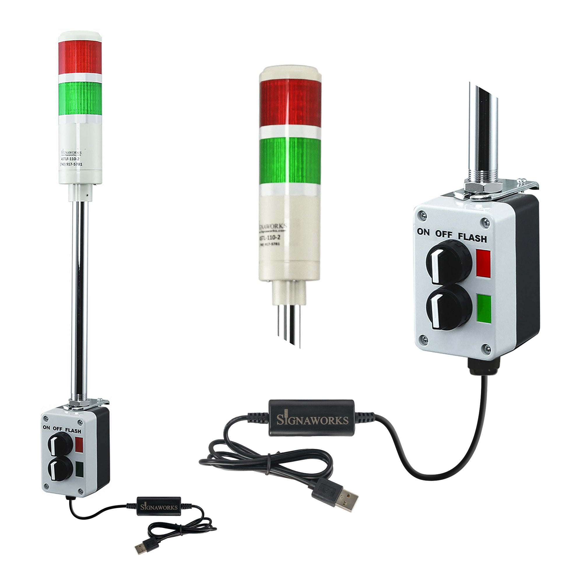 Two-color pole-mounted industrial signal light with close up views of prism lens and 3-position switch box on a white background.
