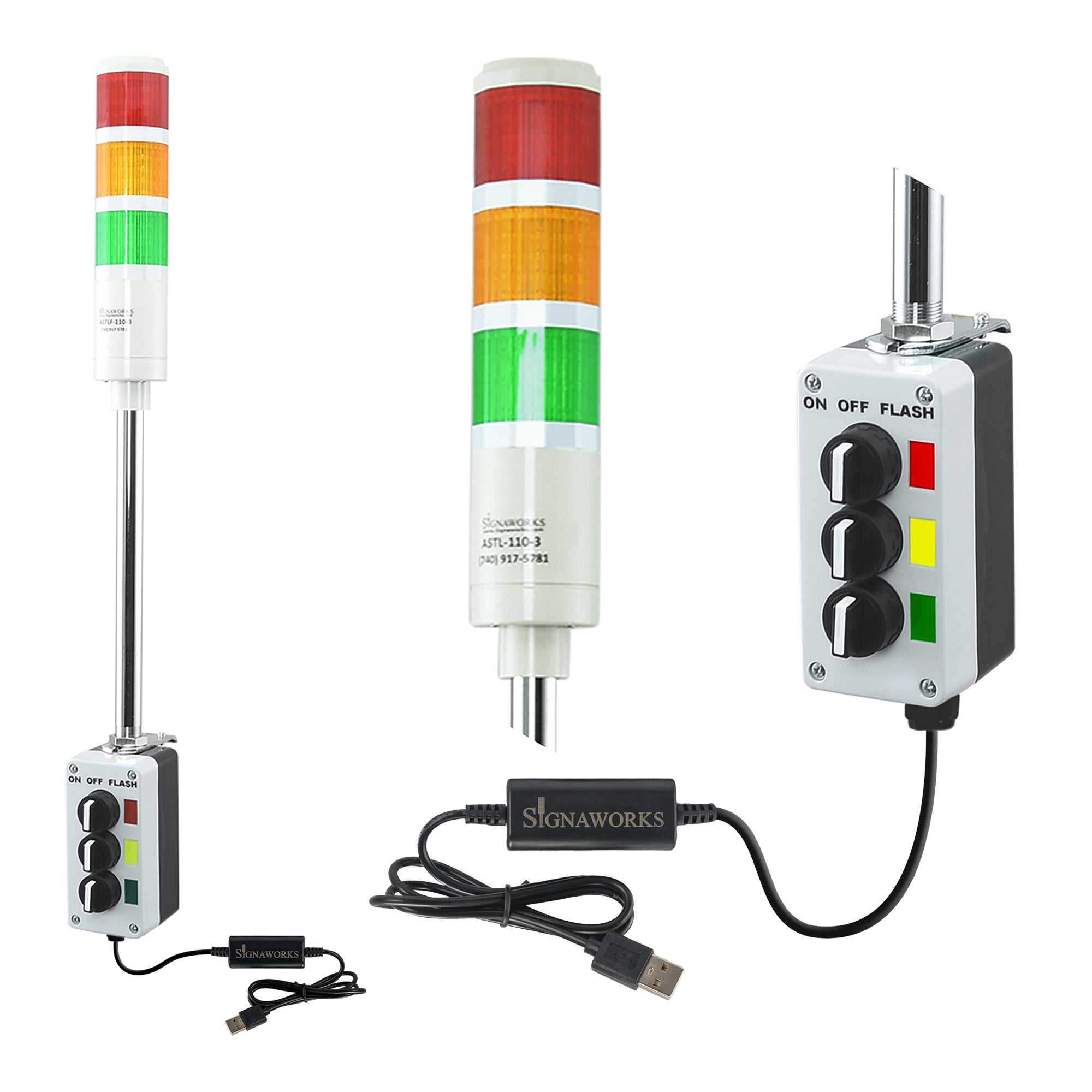 Three-color pole-mounted industrial signal light with close up views of prism lens and 3-position switch box; Red-Amber-Green on a white background.