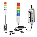 Four-color pole-mounted industrial signal light with close up views of prism lens and 3-position switch box; Red-Amber-Green-Blue on a white background.