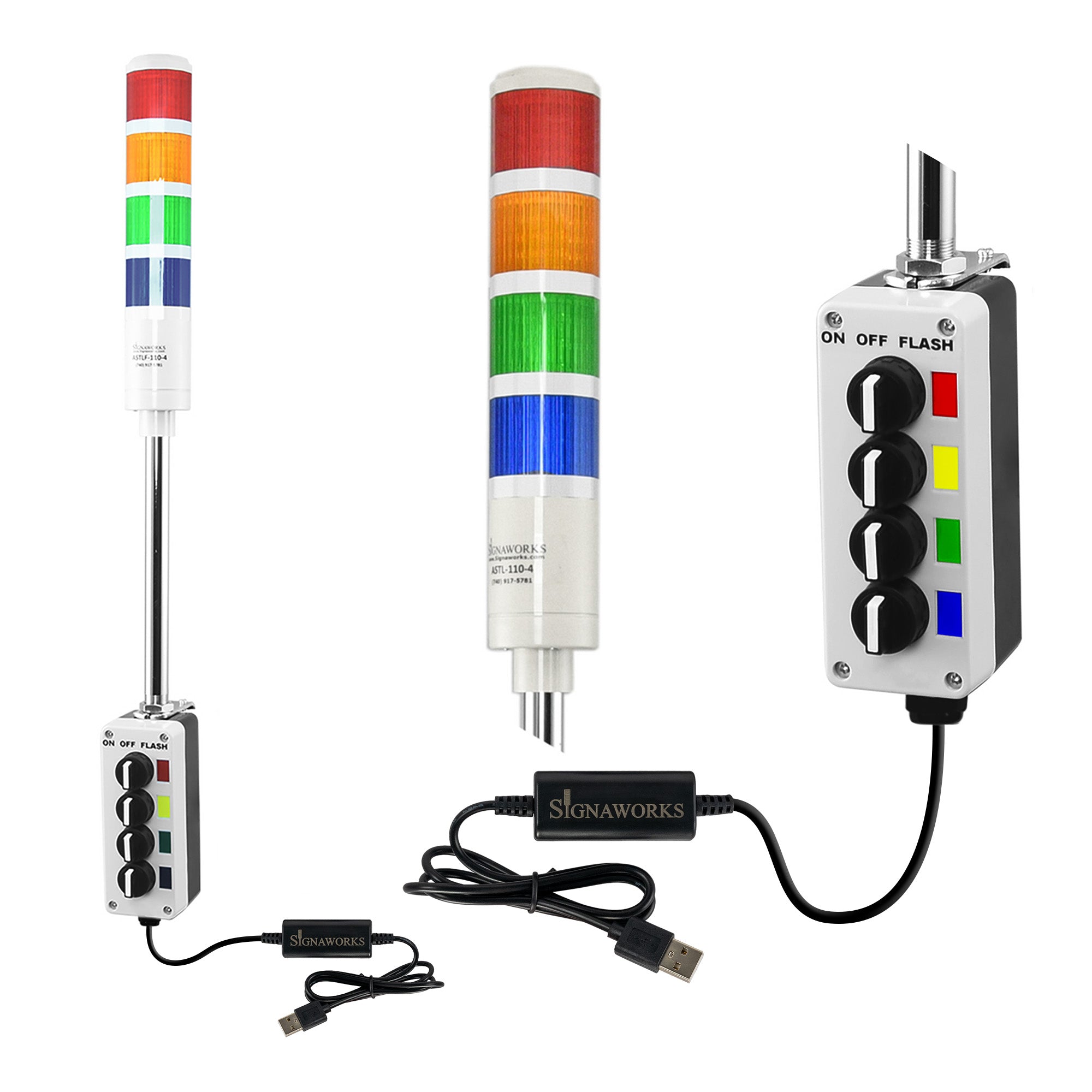Four-color pole-mounted industrial signal light with close up views of prism lens and 3-position switch box; Red-Amber-Green-Blue on a white background.