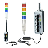 Five-position pole-mounted industrial signal light with close up views of prism lens and 3-position switch box; Red-Amber-Green-Blue-White on a white background.