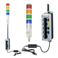 Five-position pole-mounted industrial signal light with close up views of prism lens and 3-position switch box; Red-Amber-Green-Blue-White on a white background.