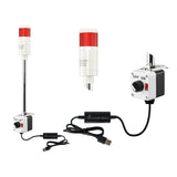 Red pole-mounted industrial signal light with close up views of prism lens and 2-position switch box on a white background.