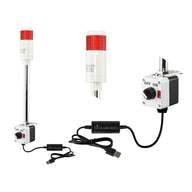 Red pole-mounted industrial signal light with close up views of prism lens and 2-position switch box on a white background.