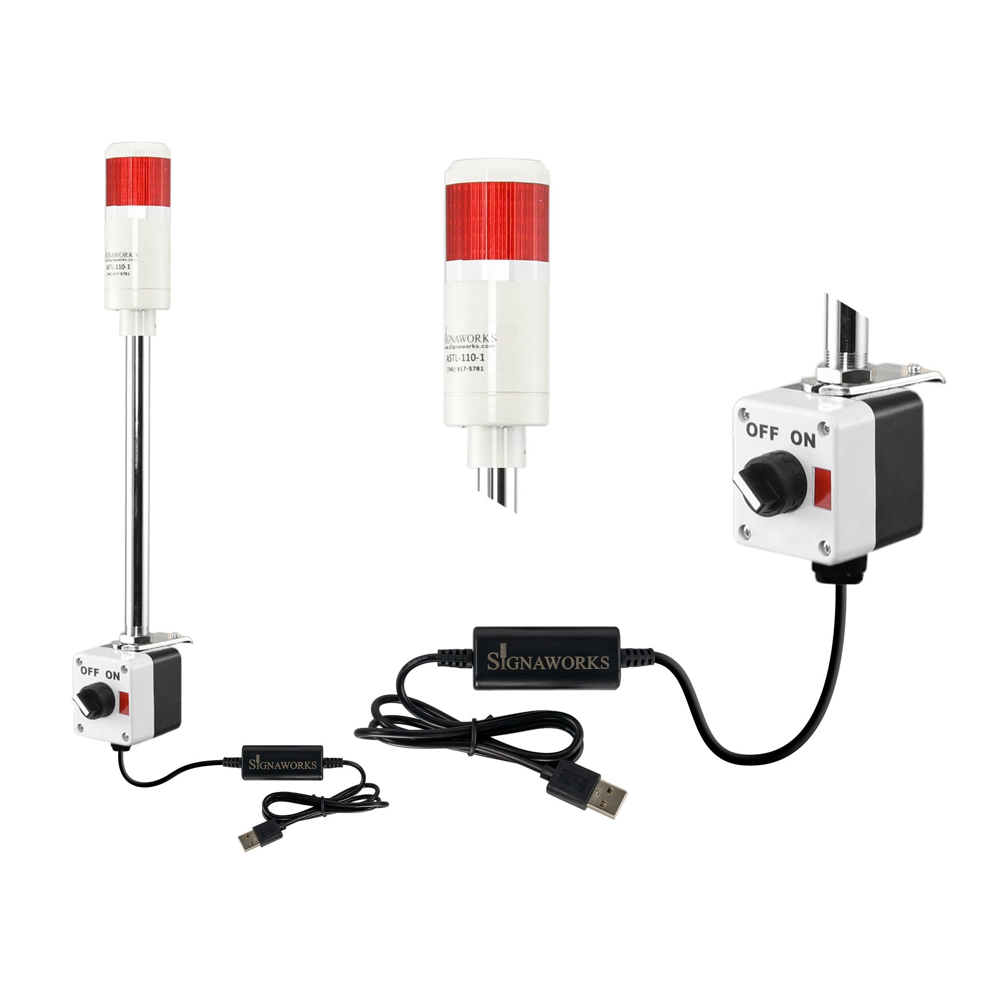 Red pole-mounted industrial signal light with close up views of prism lens and 2-position switch box on a white background.