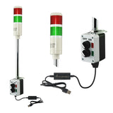 Two-color pole-mounted industrial signal light with close up views of prism lens and 2-position switch box; Red-Green on a white background.