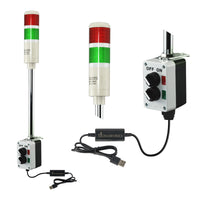 Two-color pole-mounted industrial signal light with close up views of prism lens and 2-position switch box; Red-Green on a white background.