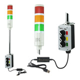 Three-Color pole-mounted industrial signal light with close up views of prism lens and 2-position switch box; Red-Amber-Green on a white background.