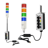 Four-color pole-mounted industrial signal light with close up views of prism lenses and 2-position switch box; Red-Amber-Green-Blue on a white background.