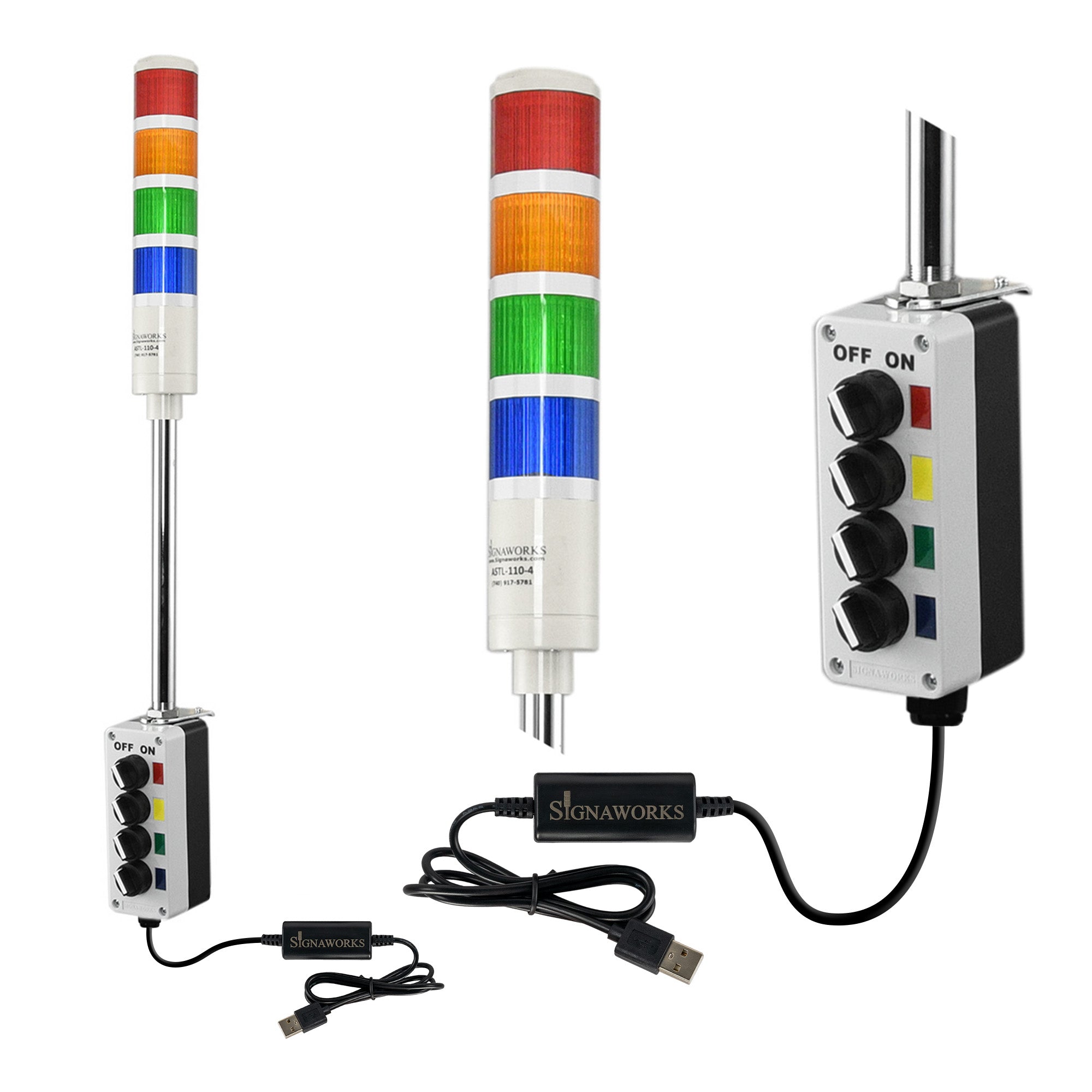 Four-color pole-mounted industrial signal light with close up views of prism lenses and 2-position switch box; Red-Amber-Green-Blue on a white background.