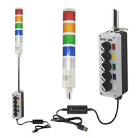 Five-color pole-mounted industrial signal light with close up views of prism lens and 2-position switch box; Red-Amber-Green-Blue-White on a white background.