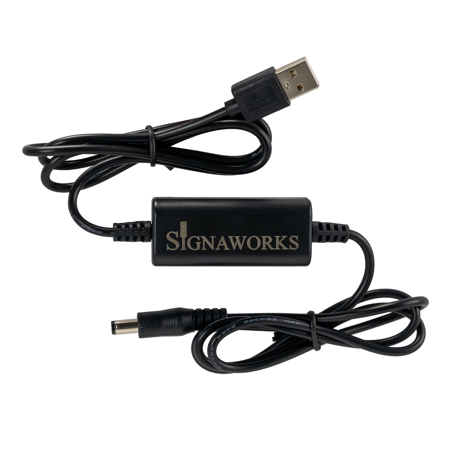 Black USB power adapter cord on a white background, featuring Signaworks branding.