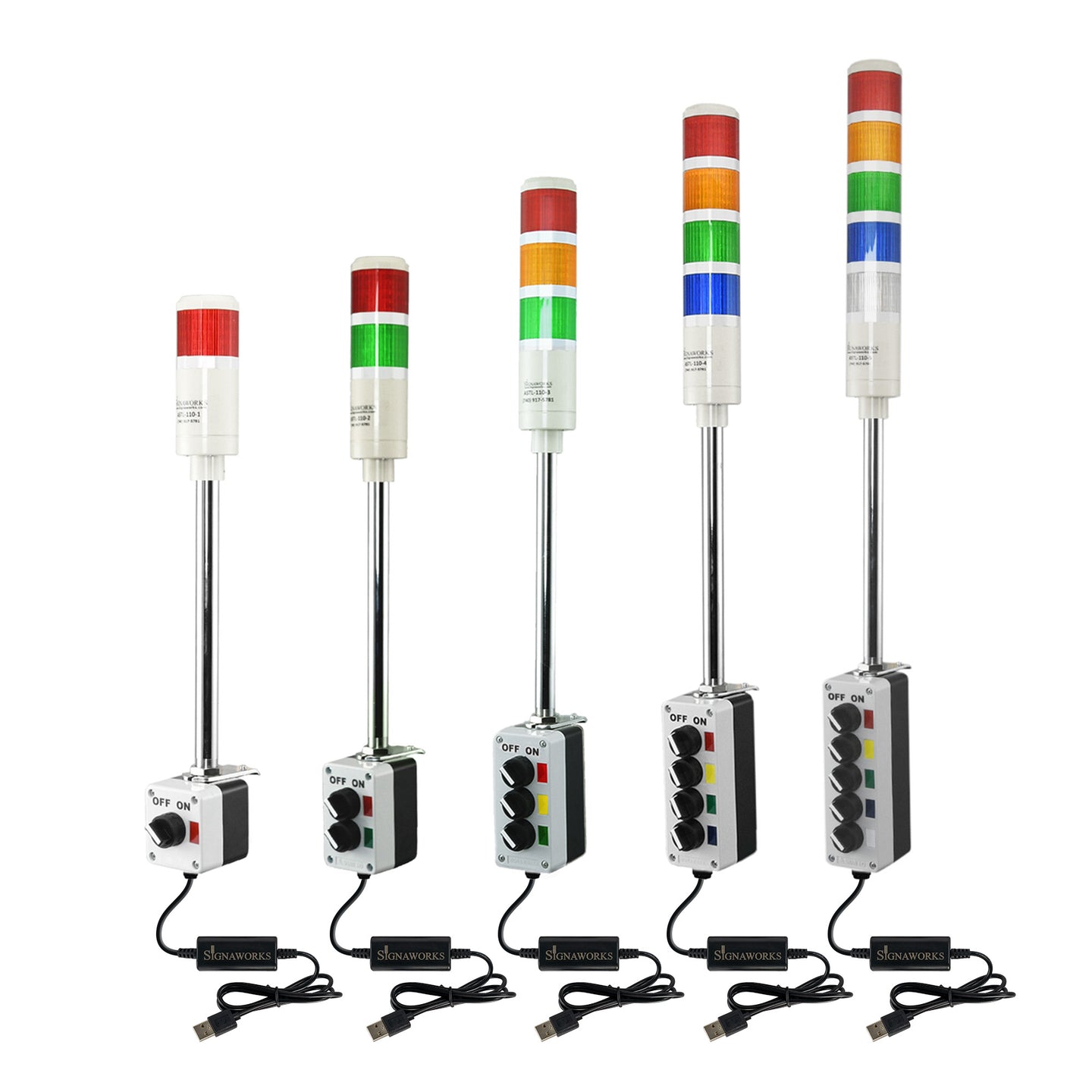 A collection of multi-colored USB pole-mounted industrial signals on a white background.