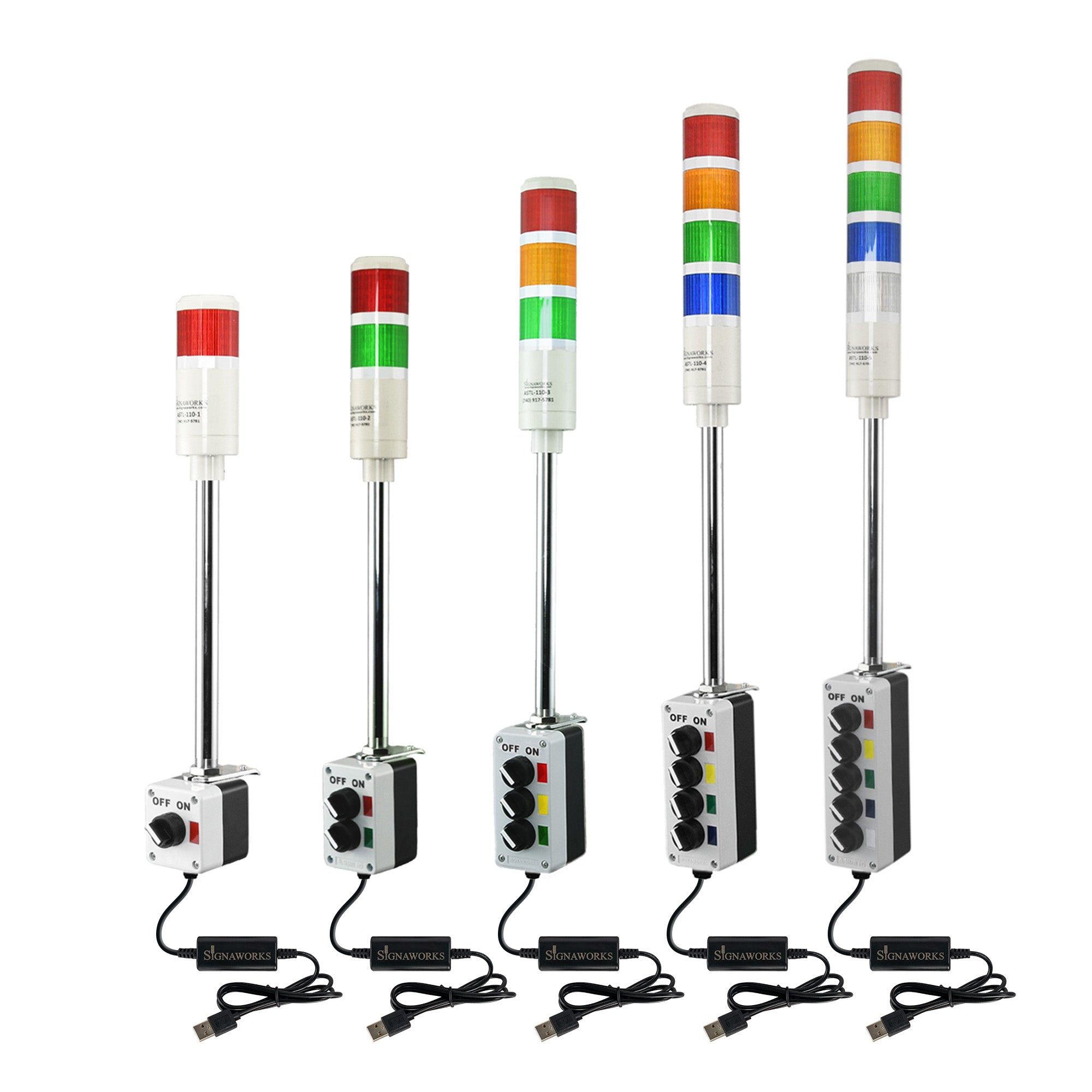 A collection of multi-colored USB pole-mounted industrial signals on a white background.