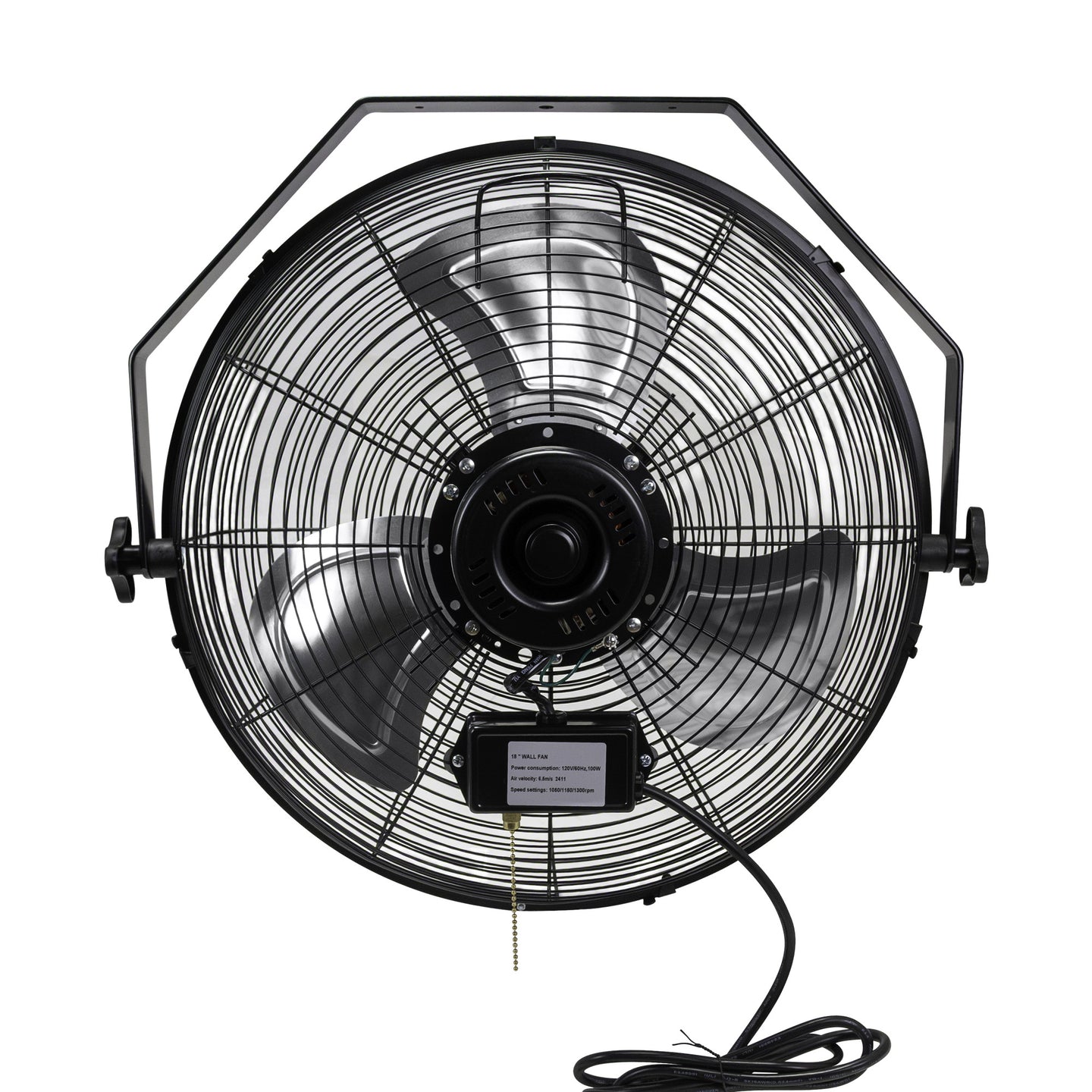 A black 18 inch shop fan with a metal guard and a power cord.