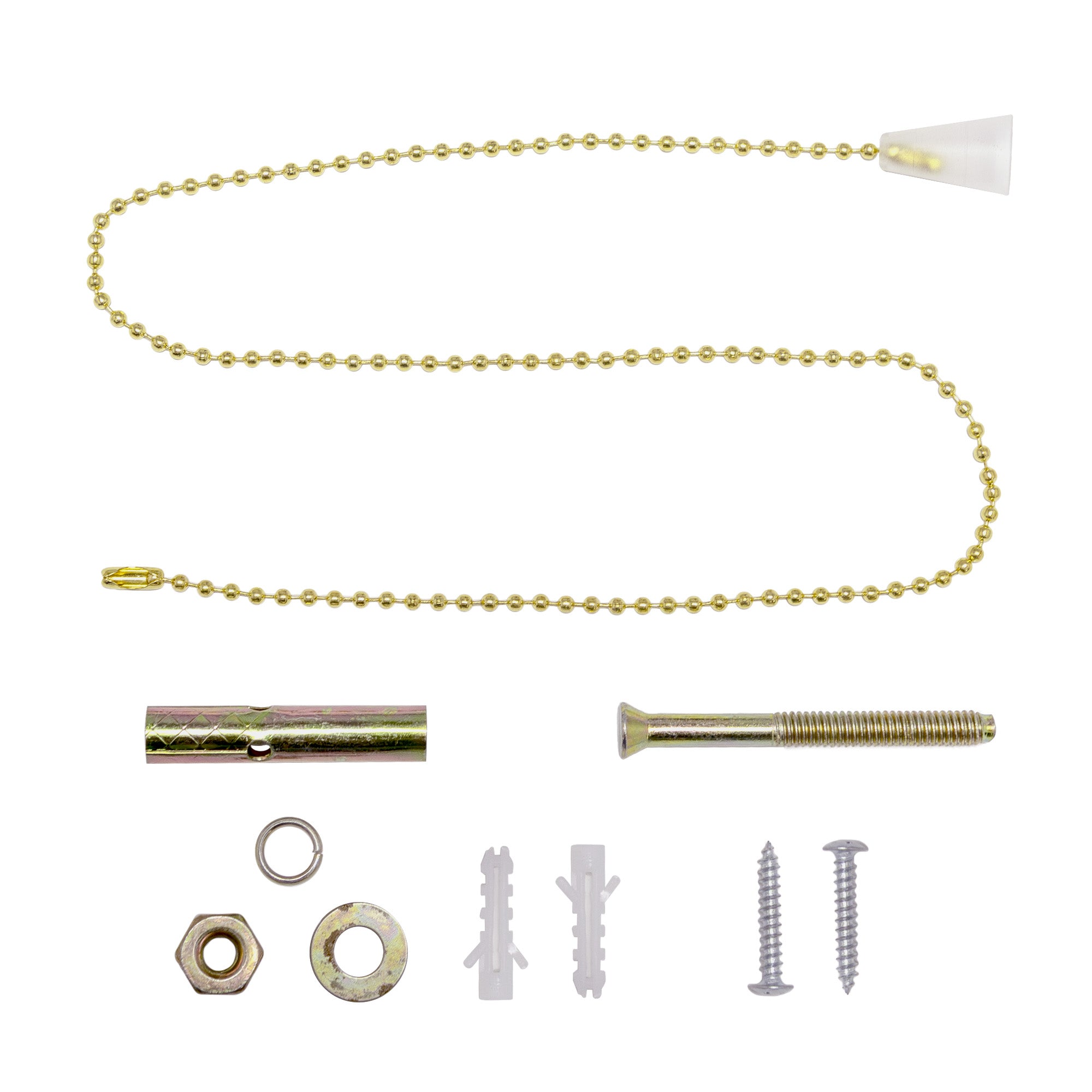 Pull chain, screws, nuts and washers on a white background.