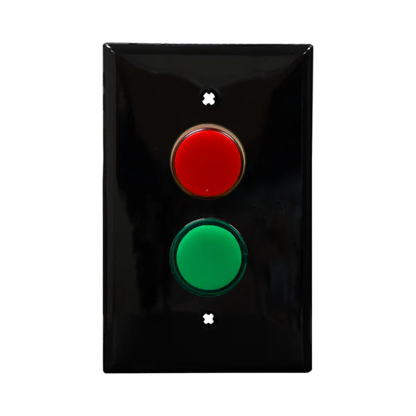 Black wall plate with red and green LED pilot light switch on a white background.