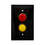 Black wall plate with red and yellow LED pilot light switch on a white background.