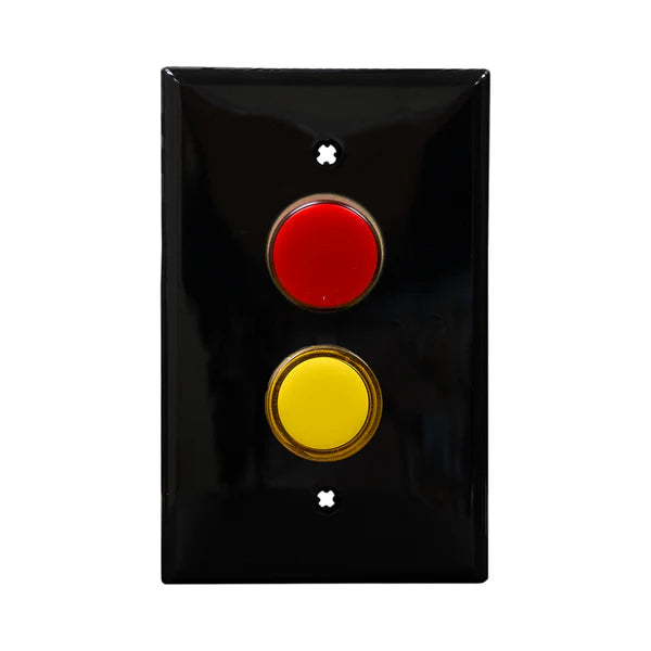 Black wall plate with red and yellow LED pilot light switch on a white background.
